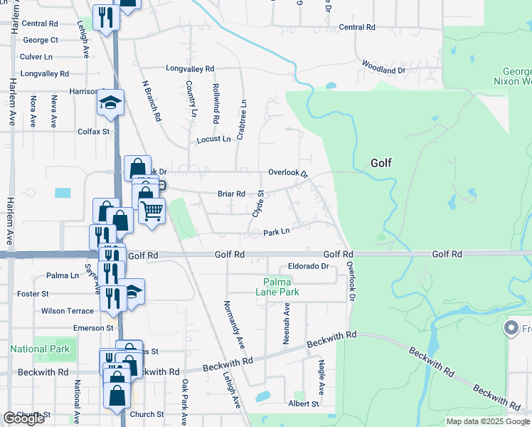 map of restaurants, bars, coffee shops, grocery stores, and more near 17 Clyde Street in Golf