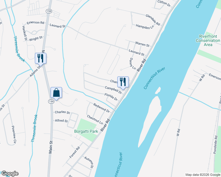 map of restaurants, bars, coffee shops, grocery stores, and more near 45 Campbell Drive in Agawam