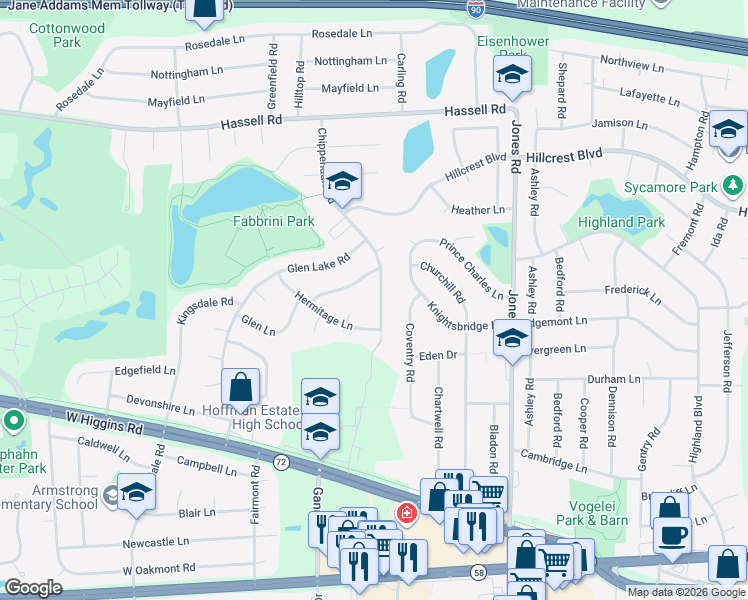 map of restaurants, bars, coffee shops, grocery stores, and more near 1670 Chippendale Road in Hoffman Estates