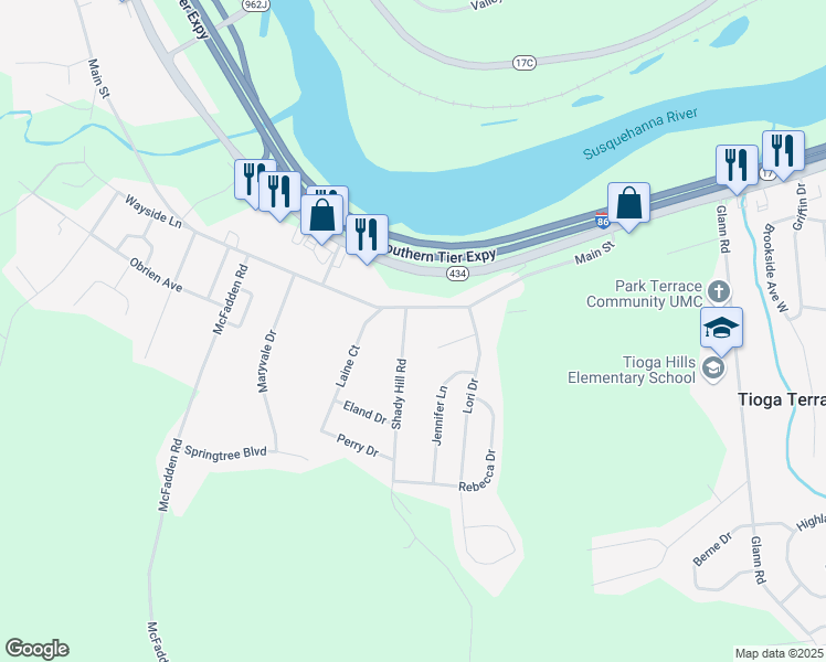 map of restaurants, bars, coffee shops, grocery stores, and more near 49 Shady Hill Road in Apalachin