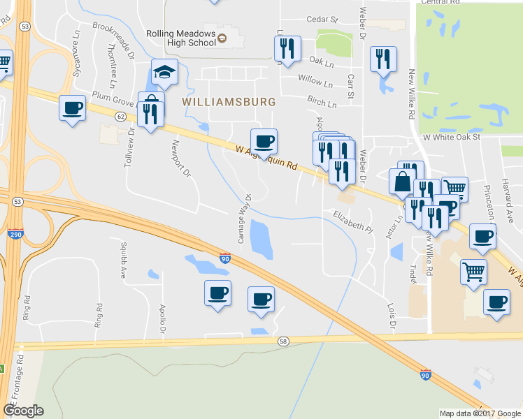 map of restaurants, bars, coffee shops, grocery stores, and more near 5400 Carriageway Drive in Rolling Meadows