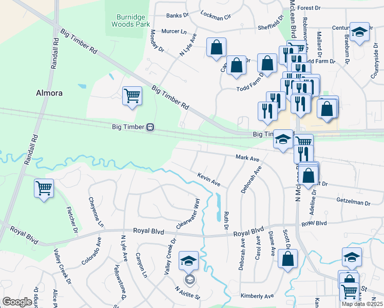 map of restaurants, bars, coffee shops, grocery stores, and more near 1879 Mark Avenue in Elgin
