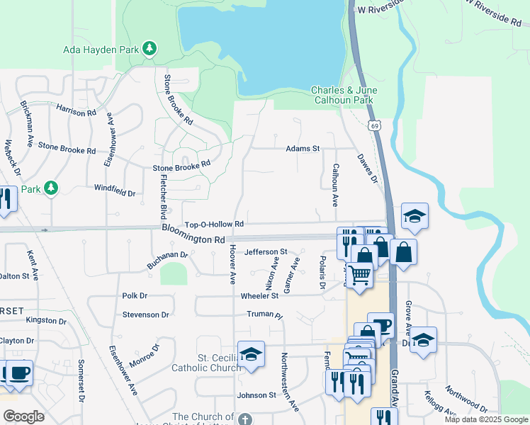 map of restaurants, bars, coffee shops, grocery stores, and more near 1309 Top-O-Hollow Rd in Ames