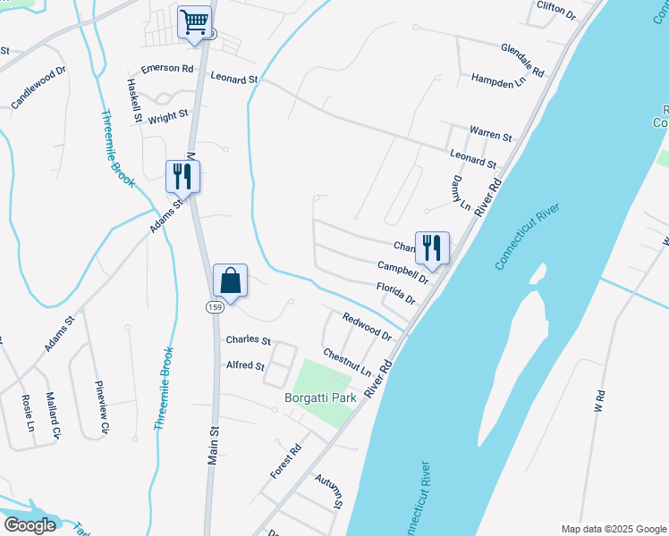 map of restaurants, bars, coffee shops, grocery stores, and more near 102 Florida Drive in Agawam
