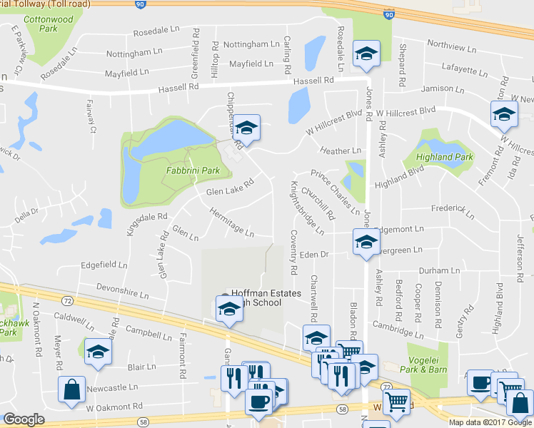 map of restaurants, bars, coffee shops, grocery stores, and more near 1670 Chippendale Road in Hoffman Estates