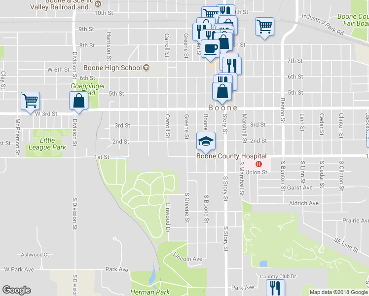 map of restaurants, bars, coffee shops, grocery stores, and more near 117 Greene Street in Boone