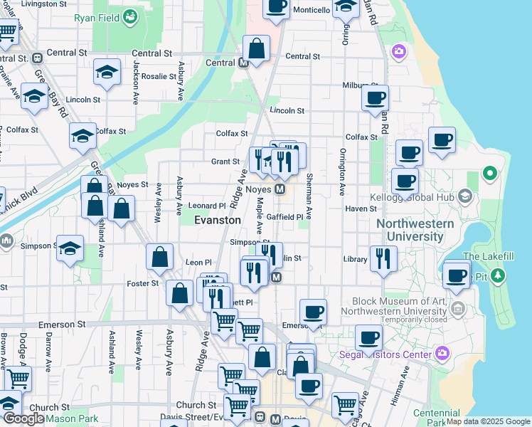 map of restaurants, bars, coffee shops, grocery stores, and more near 911 Gaffield Place in Evanston