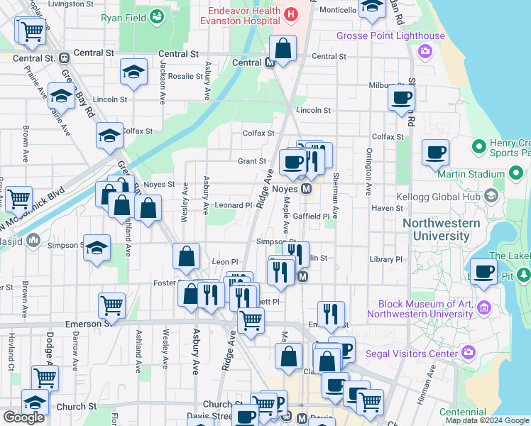map of restaurants, bars, coffee shops, grocery stores, and more near 2145 Ridge Avenue in Evanston