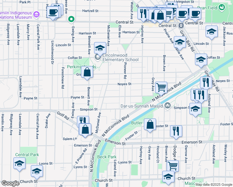 map of restaurants, bars, coffee shops, grocery stores, and more near 2405 Payne Street in Evanston