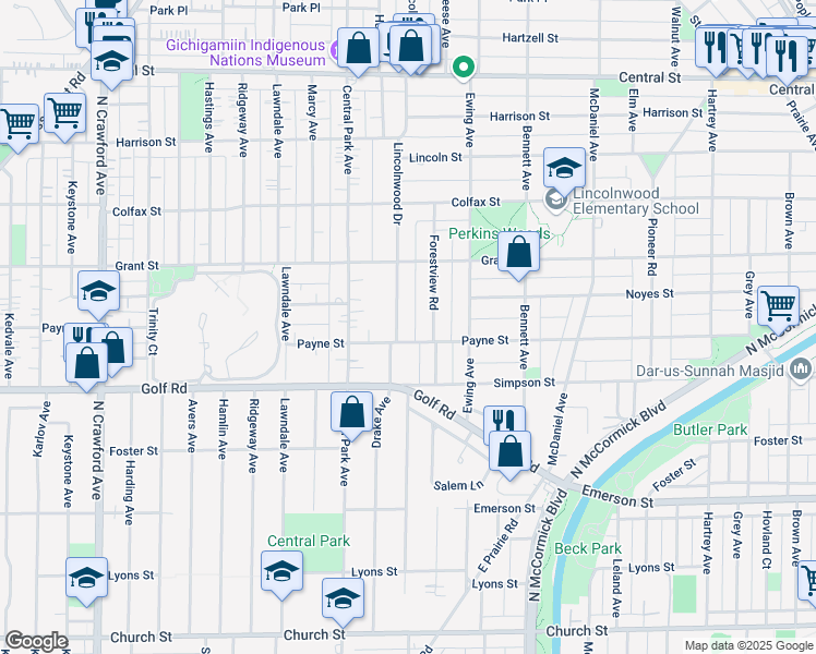 map of restaurants, bars, coffee shops, grocery stores, and more near 2145 Lincolnwood Drive in Evanston