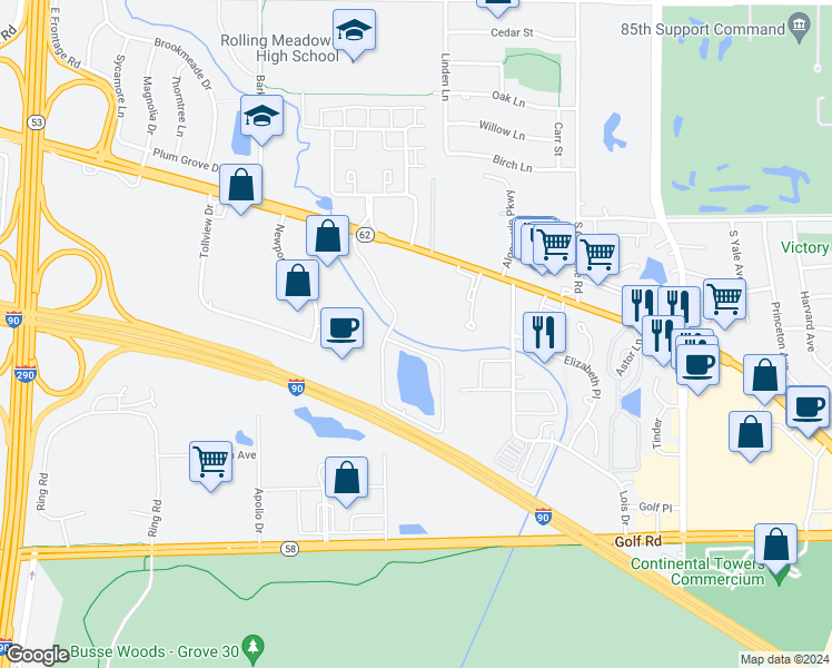map of restaurants, bars, coffee shops, grocery stores, and more near 5400 Carriageway Drive in Rolling Meadows