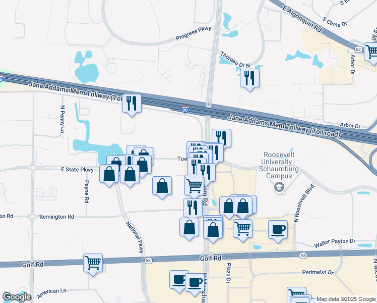 map of restaurants, bars, coffee shops, grocery stores, and more near 1320 Tower Road in Schaumburg