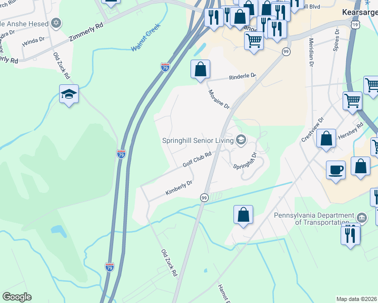 map of restaurants, bars, coffee shops, grocery stores, and more near 2499 Bison Court in Erie