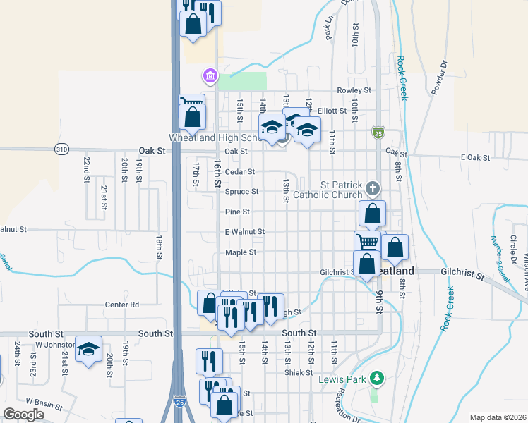 map of restaurants, bars, coffee shops, grocery stores, and more near 1400 Pine Street in Wheatland