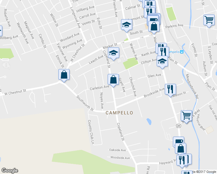 map of restaurants, bars, coffee shops, grocery stores, and more near 12 Carleton Avenue in Brockton