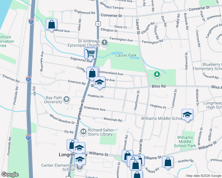 map of restaurants, bars, coffee shops, grocery stores, and more near 83 Bliss Road in Longmeadow