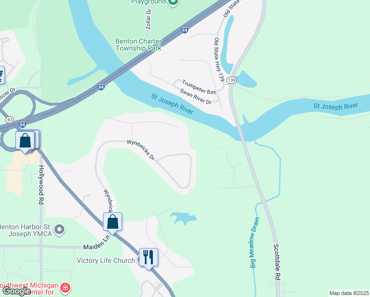map of restaurants, bars, coffee shops, grocery stores, and more near 2899 Wyndwicke Drive in St. Joseph