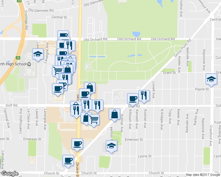 map of restaurants, bars, coffee shops, grocery stores, and more near 9700 Kenton Ave in Skokie