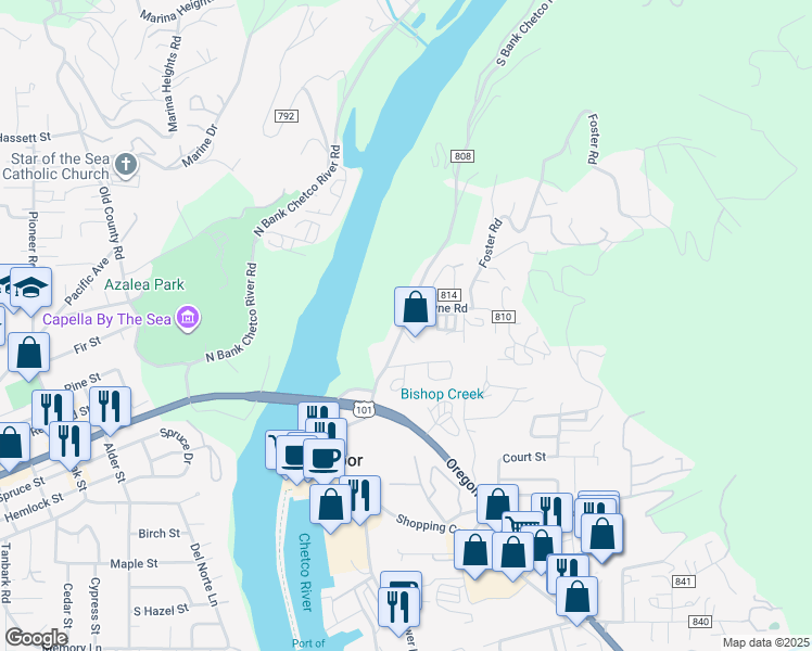 map of restaurants, bars, coffee shops, grocery stores, and more near 97801 South Bank Chetco River Road in Brookings