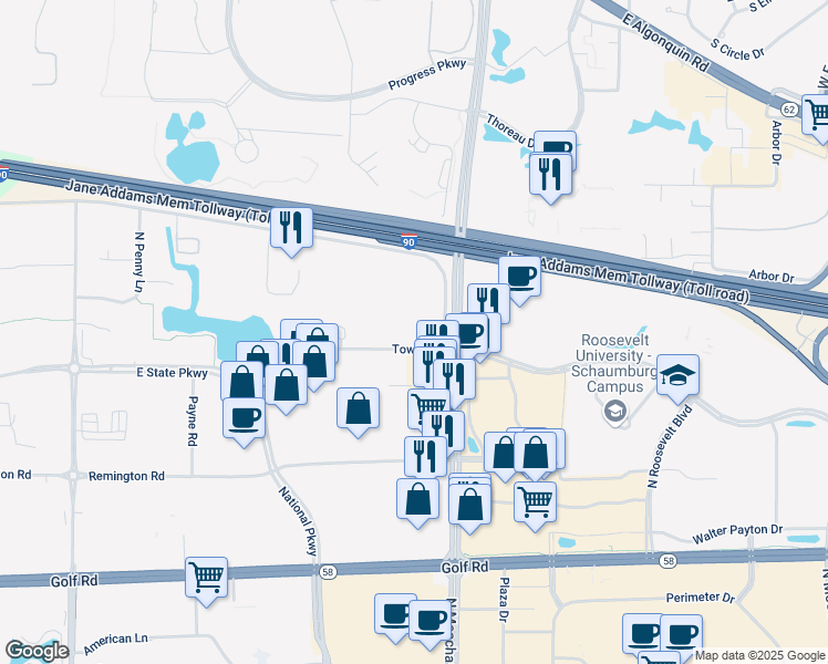 map of restaurants, bars, coffee shops, grocery stores, and more near 1320 Tower Road in Schaumburg