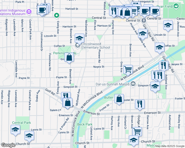 map of restaurants, bars, coffee shops, grocery stores, and more near 2405 Payne Street in Evanston
