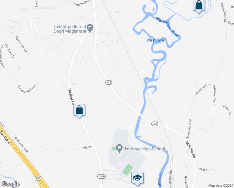 map of restaurants, bars, coffee shops, grocery stores, and more near 388 Millville Road in Uxbridge