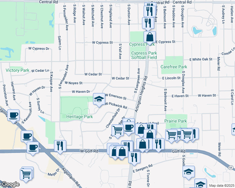 map of restaurants, bars, coffee shops, grocery stores, and more near 110 West Emerson Street in Arlington Heights