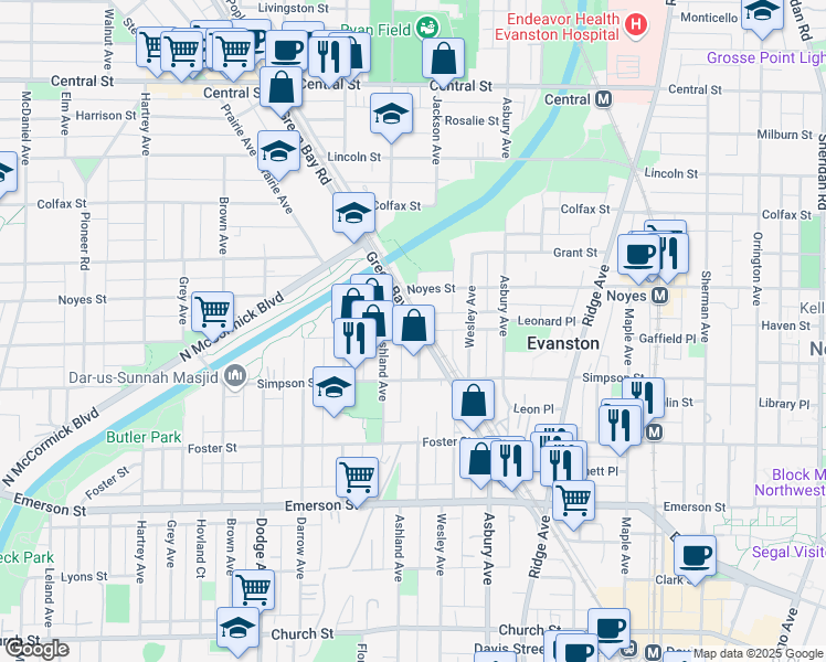 map of restaurants, bars, coffee shops, grocery stores, and more near 2148 Green Bay Road in Evanston
