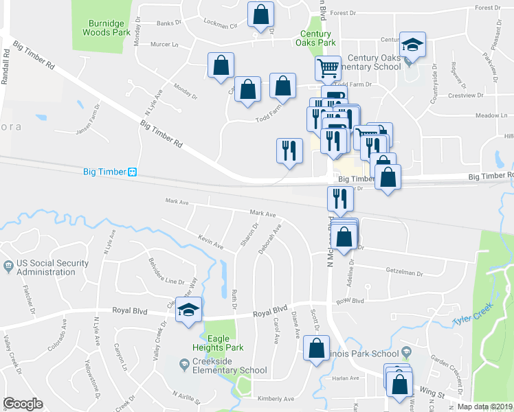 map of restaurants, bars, coffee shops, grocery stores, and more near 1700 Mark Avenue in Elgin
