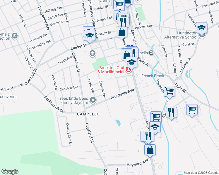 map of restaurants, bars, coffee shops, grocery stores, and more near 66 Churchill Avenue in Brockton