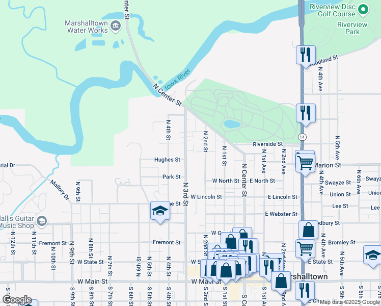 map of restaurants, bars, coffee shops, grocery stores, and more near 519 North 3rd Street in Marshalltown