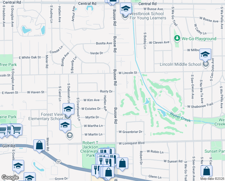 map of restaurants, bars, coffee shops, grocery stores, and more near 462 Busse Road in Mount Prospect