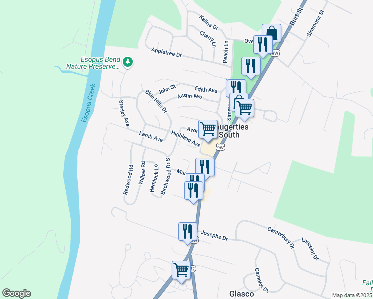 map of restaurants, bars, coffee shops, grocery stores, and more near 16 Highland Avenue in Saugerties