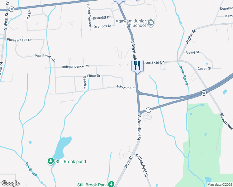 map of restaurants, bars, coffee shops, grocery stores, and more near 306 South Westfield Street in Agawam