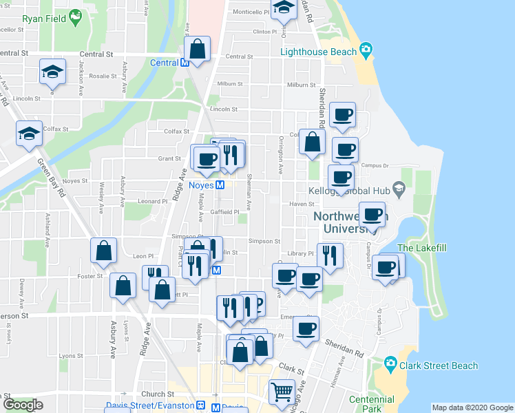 map of restaurants, bars, coffee shops, grocery stores, and more near 2141 Sherman Avenue in Evanston