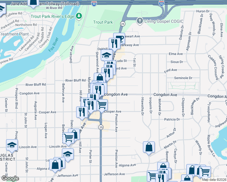 map of restaurants, bars, coffee shops, grocery stores, and more near 634 Congdon Avenue in Elgin