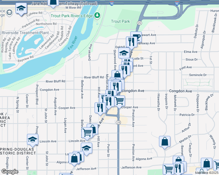 map of restaurants, bars, coffee shops, grocery stores, and more near 1101 Morton Avenue in Elgin