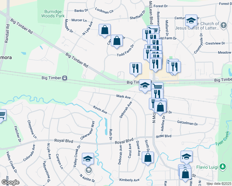 map of restaurants, bars, coffee shops, grocery stores, and more near 1700 Mark Avenue in Elgin