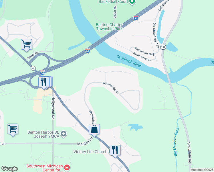 map of restaurants, bars, coffee shops, grocery stores, and more near 3291 Wyndwicke Drive in St. Joseph