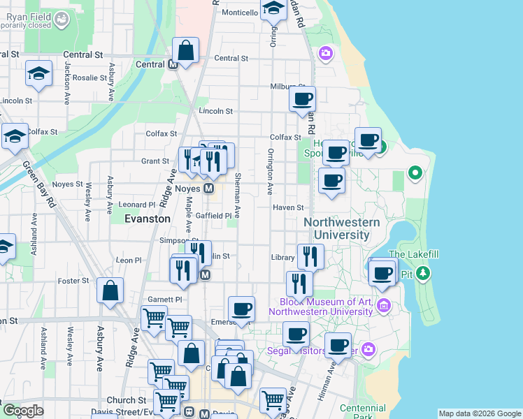 map of restaurants, bars, coffee shops, grocery stores, and more near 2145 Orrington Avenue in Evanston