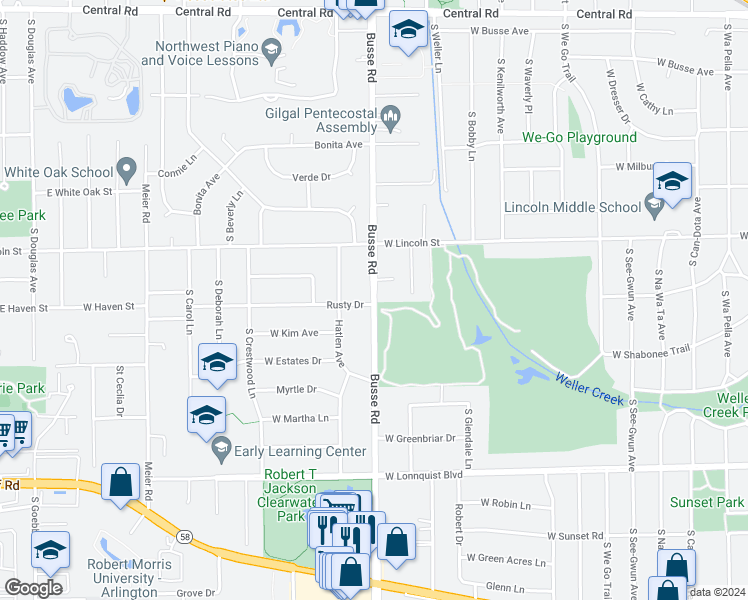 map of restaurants, bars, coffee shops, grocery stores, and more near 442 Busse Road in Mount Prospect
