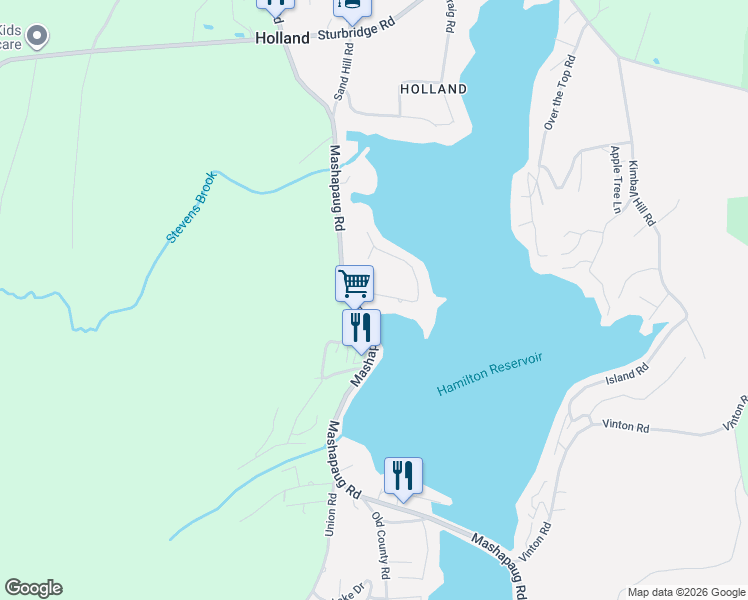 map of restaurants, bars, coffee shops, grocery stores, and more near 108 Mashapaug Road in Holland
