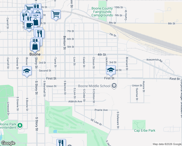 map of restaurants, bars, coffee shops, grocery stores, and more near 109 Clinton Street in Boone