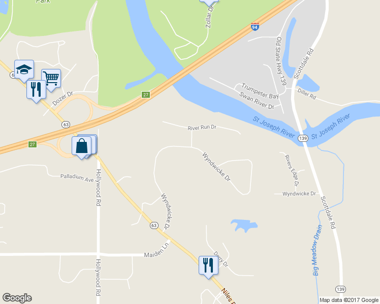 map of restaurants, bars, coffee shops, grocery stores, and more near 3291 Wyndwicke Dr in St Joseph