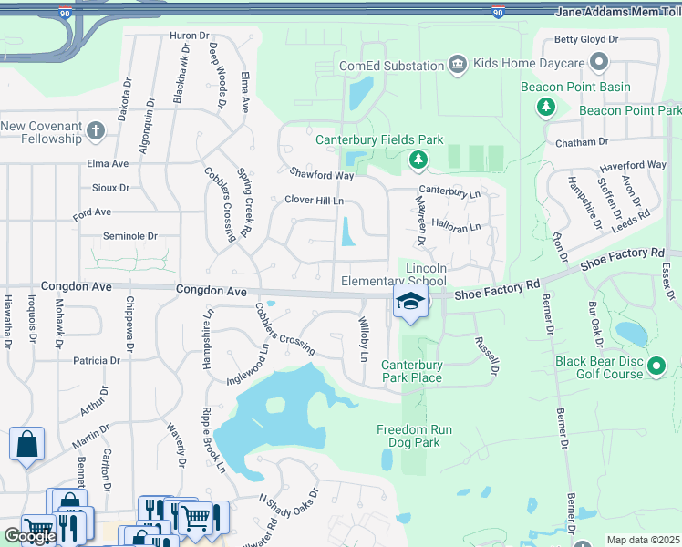 map of restaurants, bars, coffee shops, grocery stores, and more near 1202 Frederick Court in Elgin