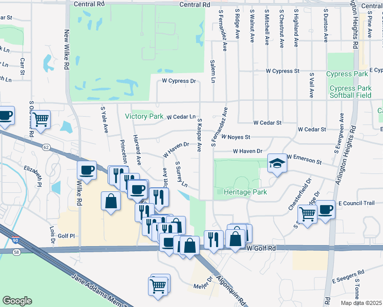 map of restaurants, bars, coffee shops, grocery stores, and more near 1507 South Kaspar Avenue in Arlington Heights