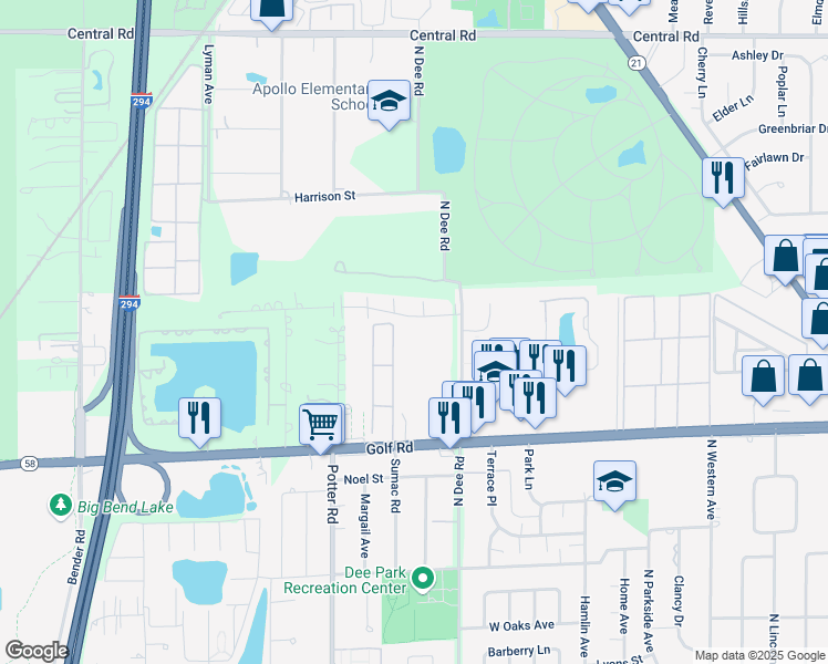 map of restaurants, bars, coffee shops, grocery stores, and more near 9273 Fairway Drive in Des Plaines