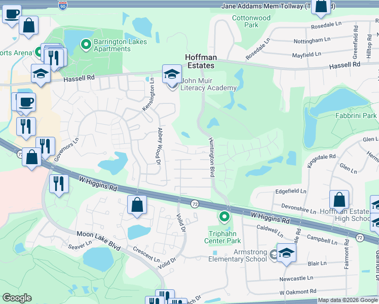 map of restaurants, bars, coffee shops, grocery stores, and more near 1722 Fayette Walk in Hoffman Estates