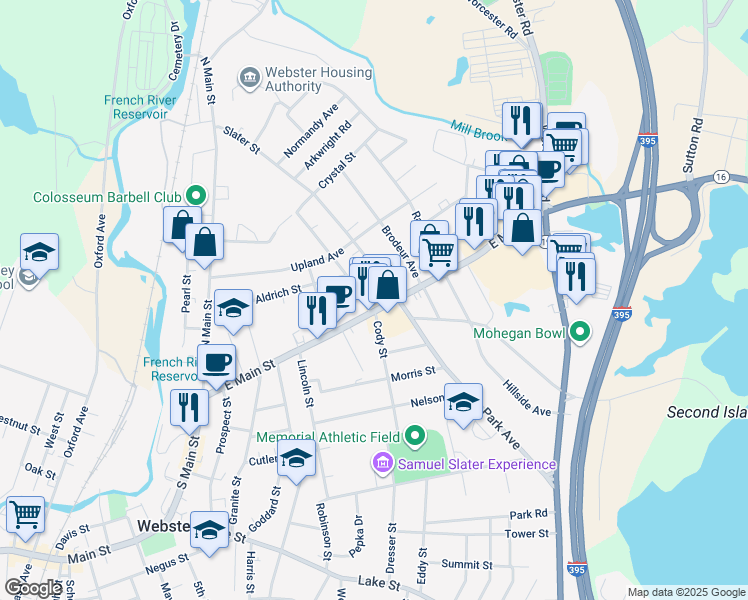 map of restaurants, bars, coffee shops, grocery stores, and more near 71 Massachusetts 12 in Webster
