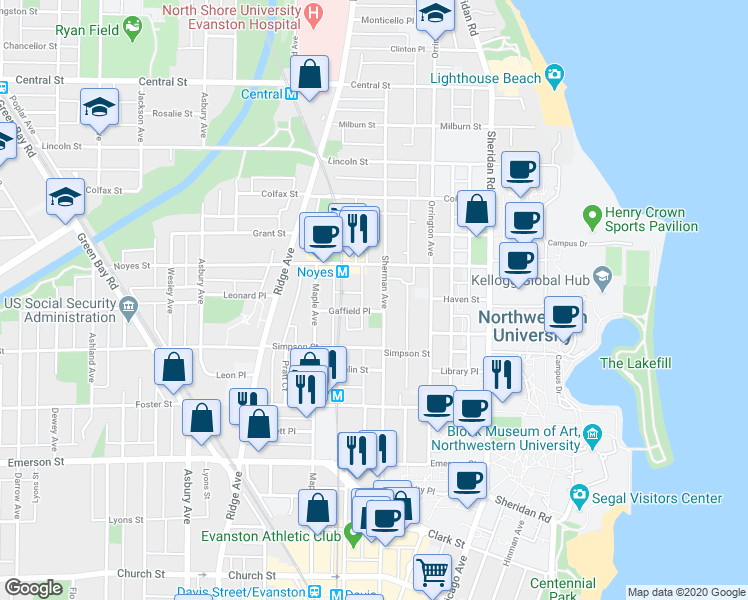 map of restaurants, bars, coffee shops, grocery stores, and more near 815 Gaffield Place in Evanston